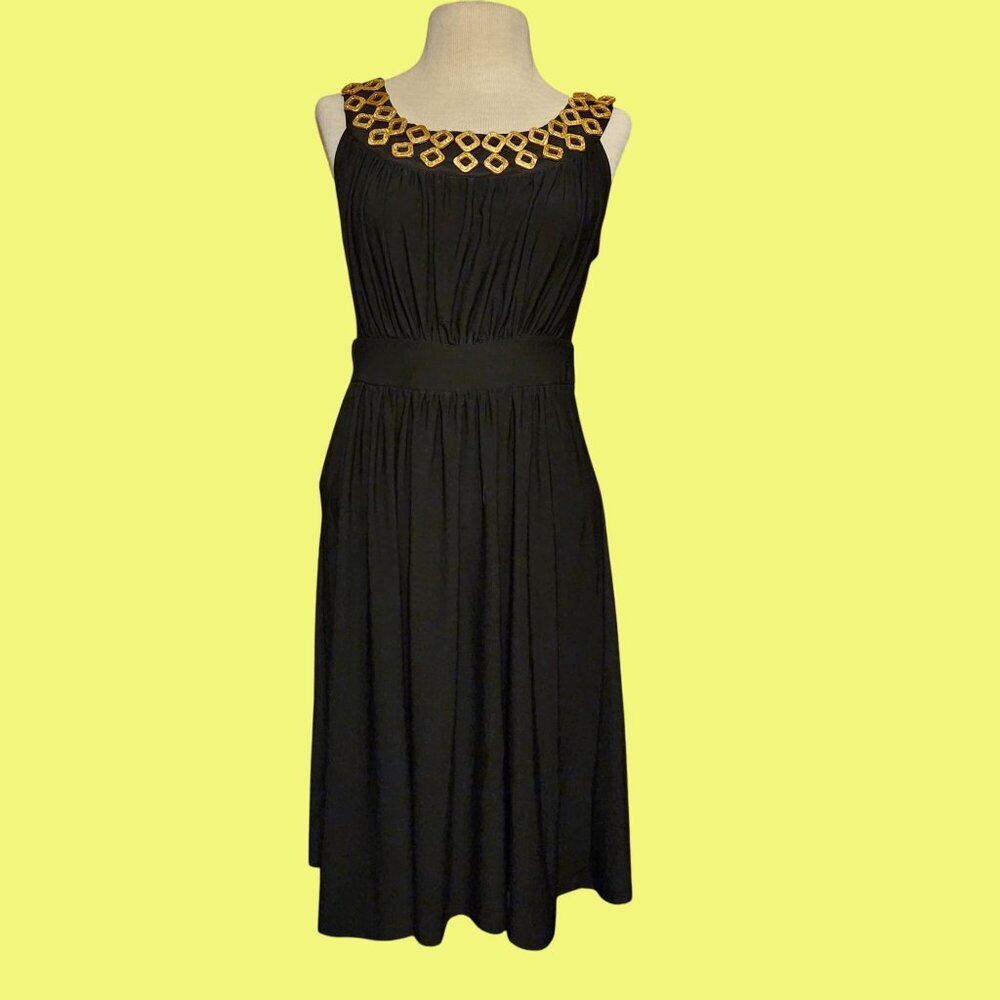 Black Sleeveless Midi Dress With Gold Geometric Embellished Neckline & Gathered